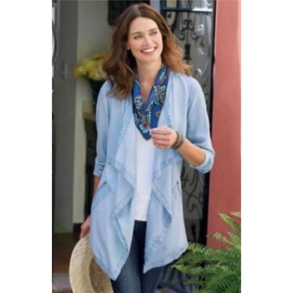 Soft Surroundings Women’s Chambray Asymmetric Cascading Front Jacket Size 1X